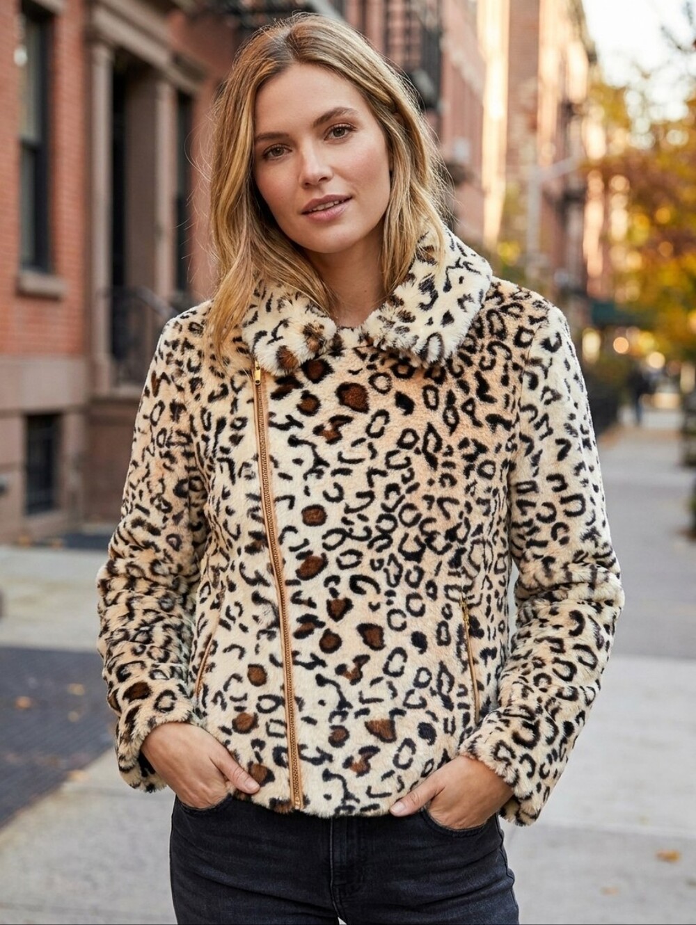 Adrienne Landau Leopard Faux Fur Asimmetric Zippered Jacket